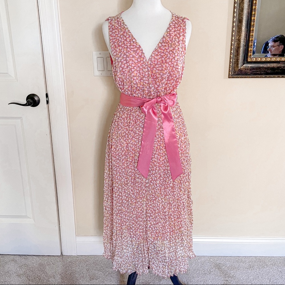 JohnPaulRichard Flowy Pink Dotty Chiffon Midi Dress Satin Waist Belt